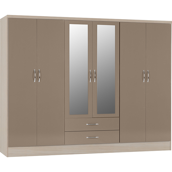 Nevada 6 Door 2 Drawer Wardrobe In Oyster Gloss & Light Oak